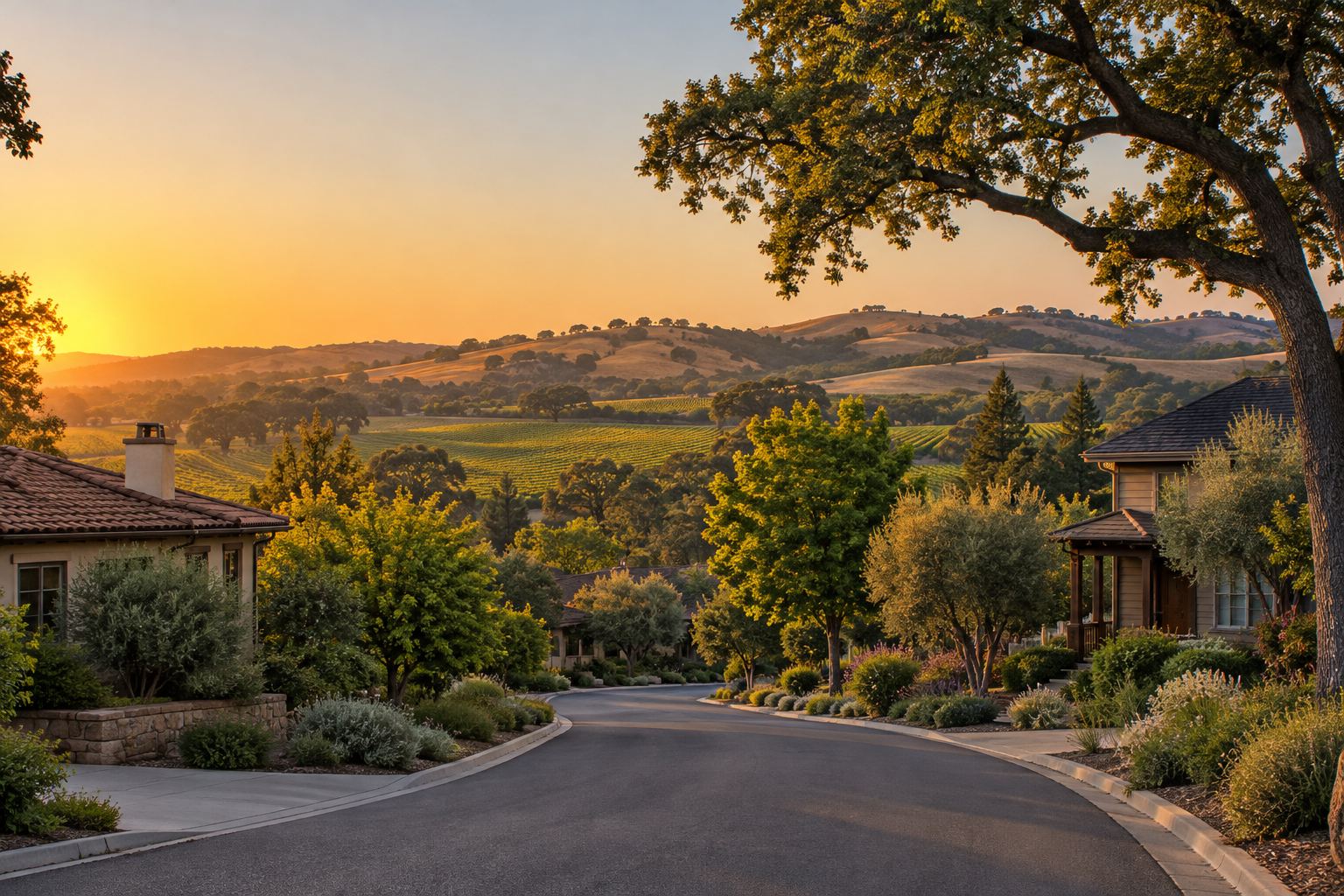 A Petaluma residential street at sunset, illustrative