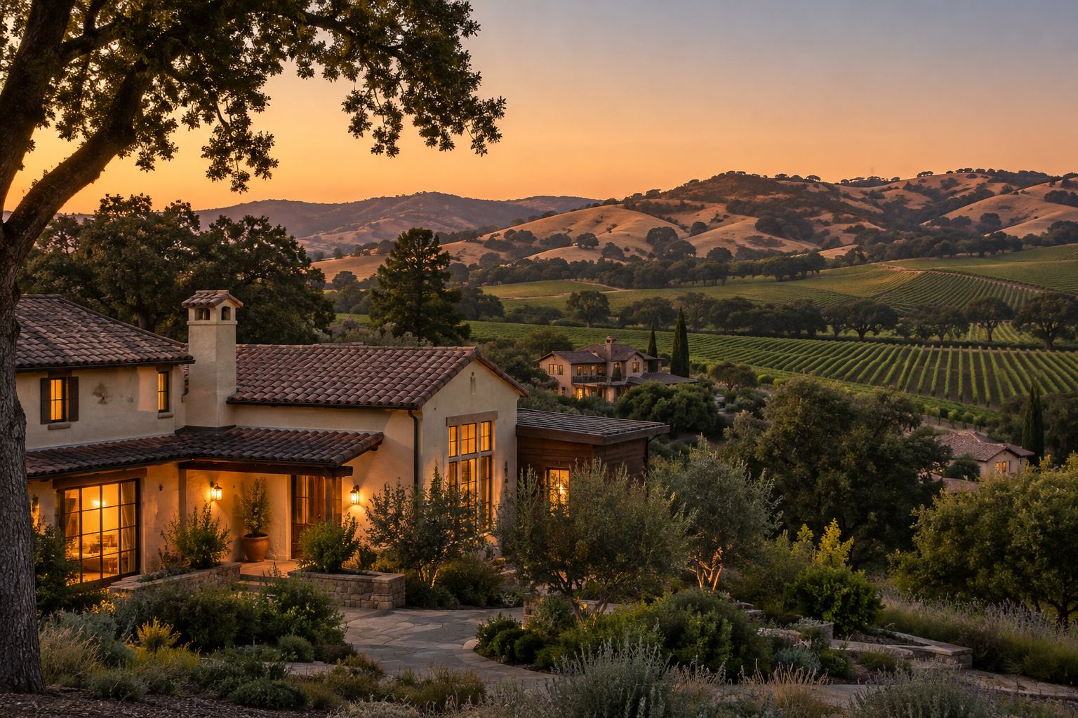 A Sonoma County home at dusk, illustrative