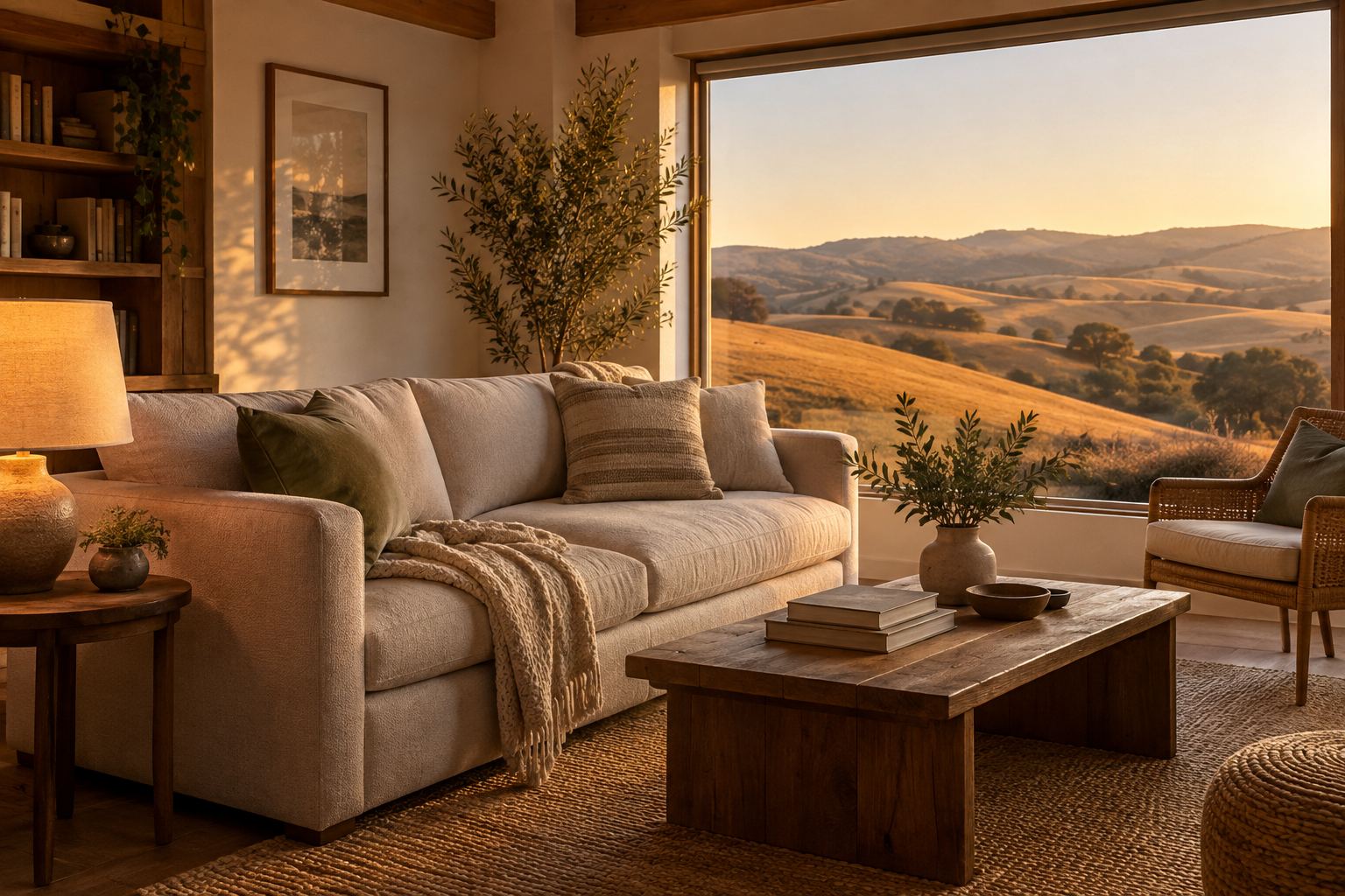A cozy Petaluma living room, illustrative
