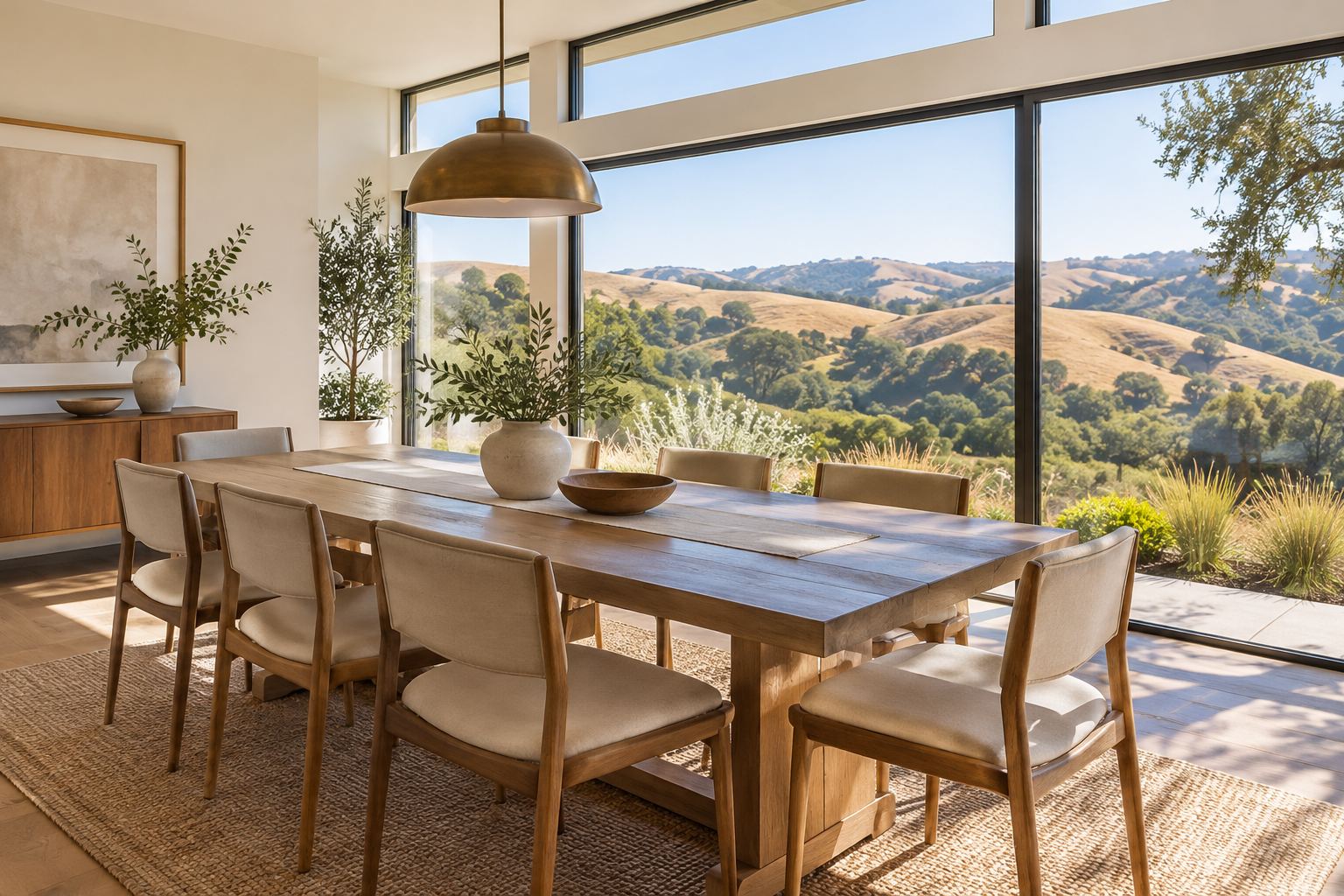 A bright dining room, illustrative